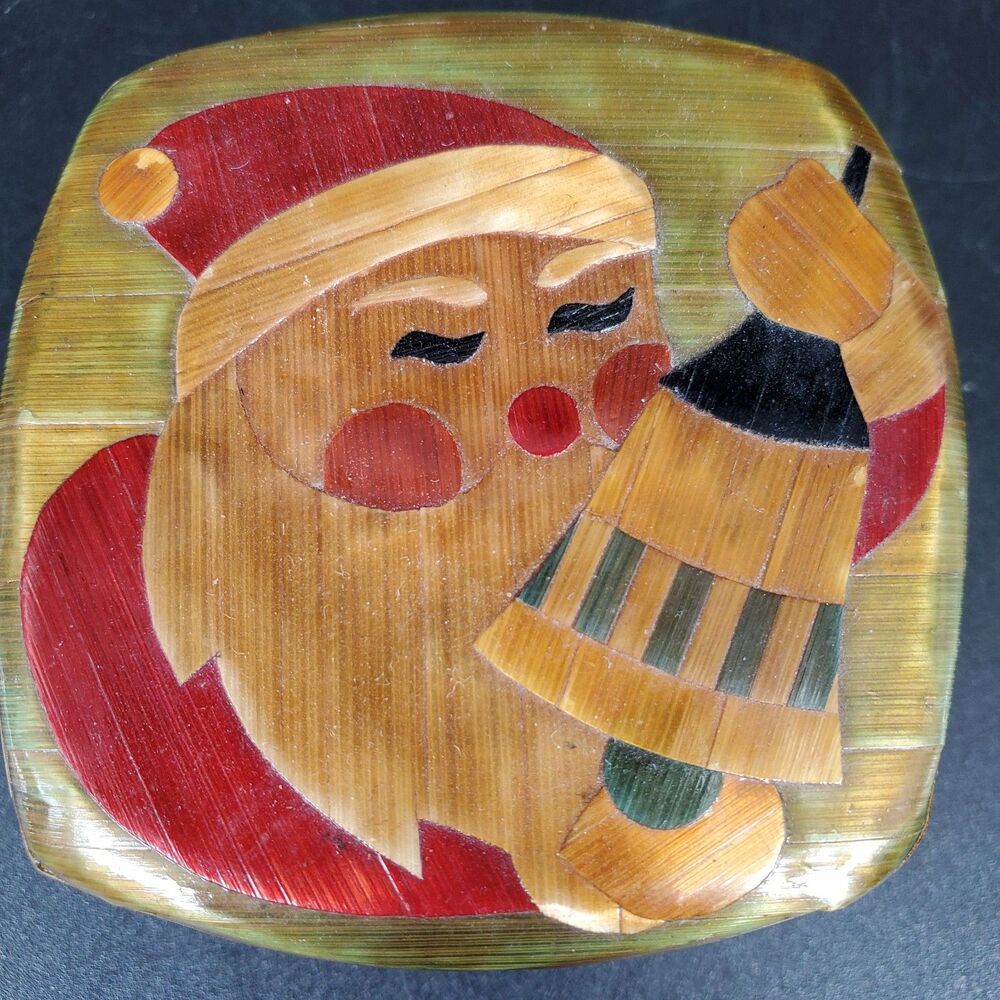 Vintage Santa Paper Mache Trinket Box Velvet Lined Christmas Keepsake